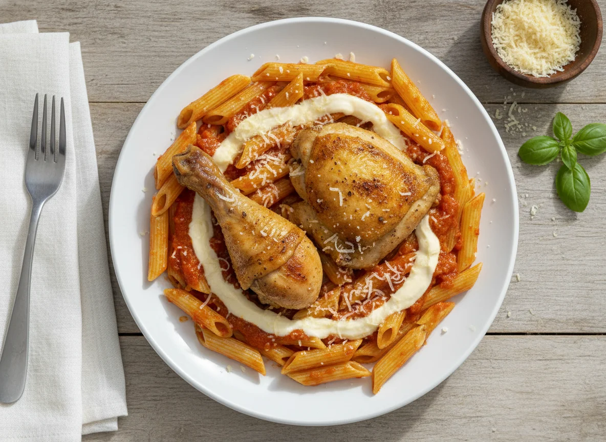 Massa Penne com Frango e Molhos photo