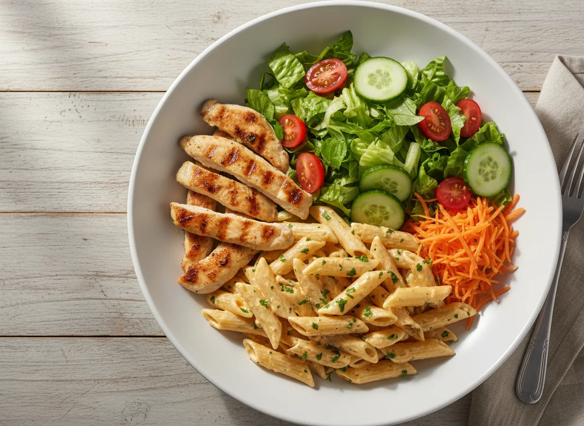 Massa Penne com Frango e Salada photo