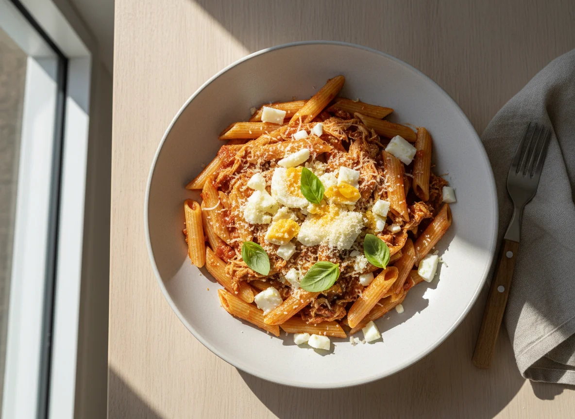 Massa Penne com Frango, Ovo e Queijo Ralado photo