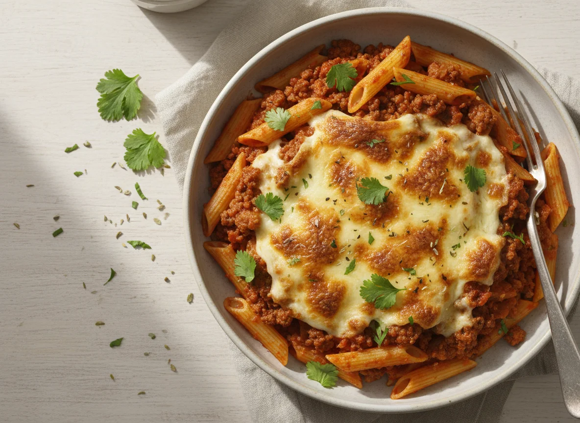 Massa Penne com Molho Bolonhesa e Queijo Gratinado photo