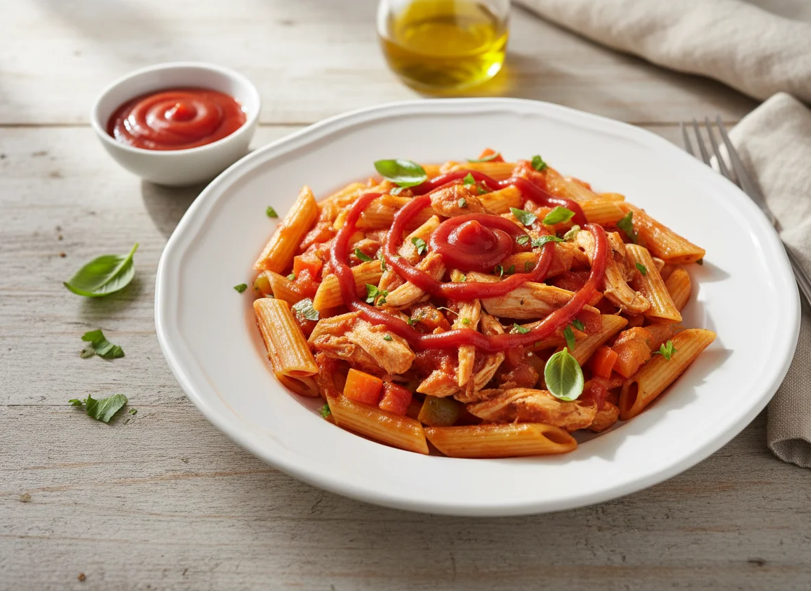 Massa Penne com Molho de Tomate e Frango photo