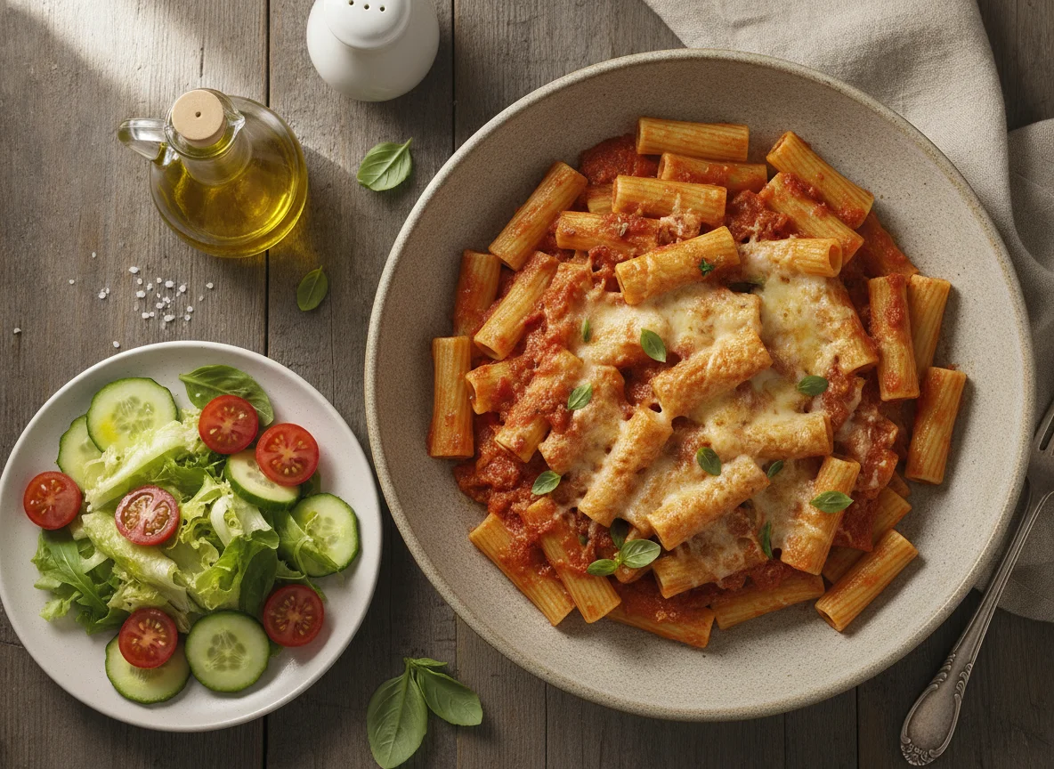 Massa Rigatoni com Molho de Tomate e Salada Fresca photo