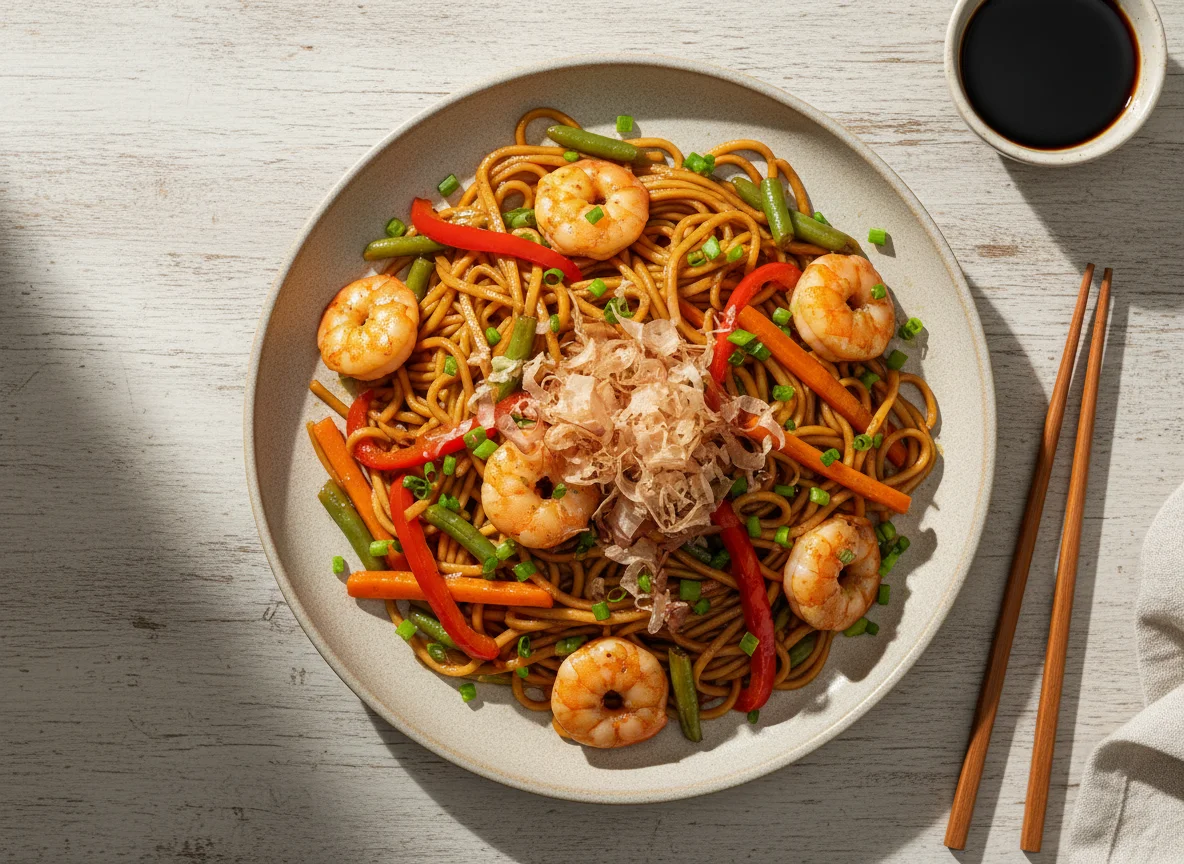 Massa salteada com legumes e camarão photo