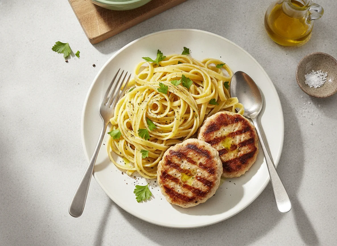 Massa Tagliatelle com Hambúrgueres de Aves photo
