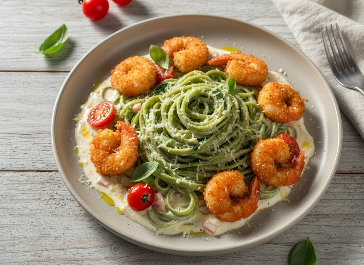 Massa verde com camarão empanado e molho branco photo