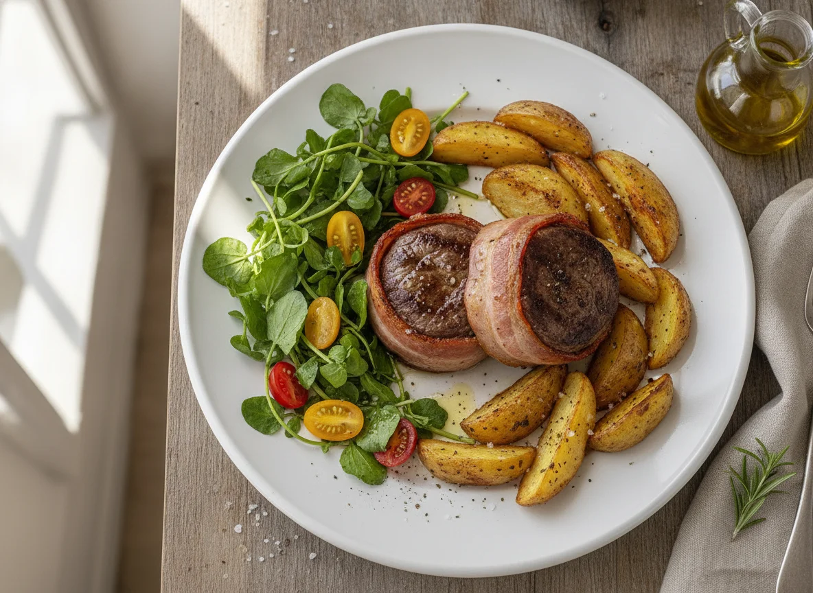 Medalhão de filé mignon com batatas assadas e agrião photo