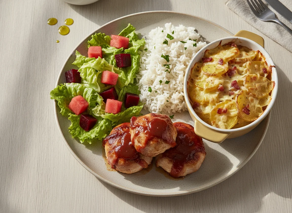 Medalhão de frango com arroz, batata gratinada e salada photo