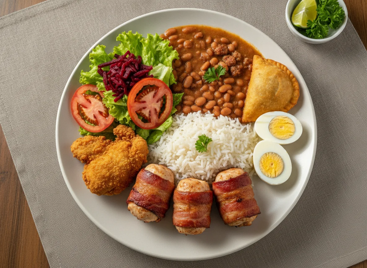 Medalhão de frango com arroz, feijão e acompanhamentos photo