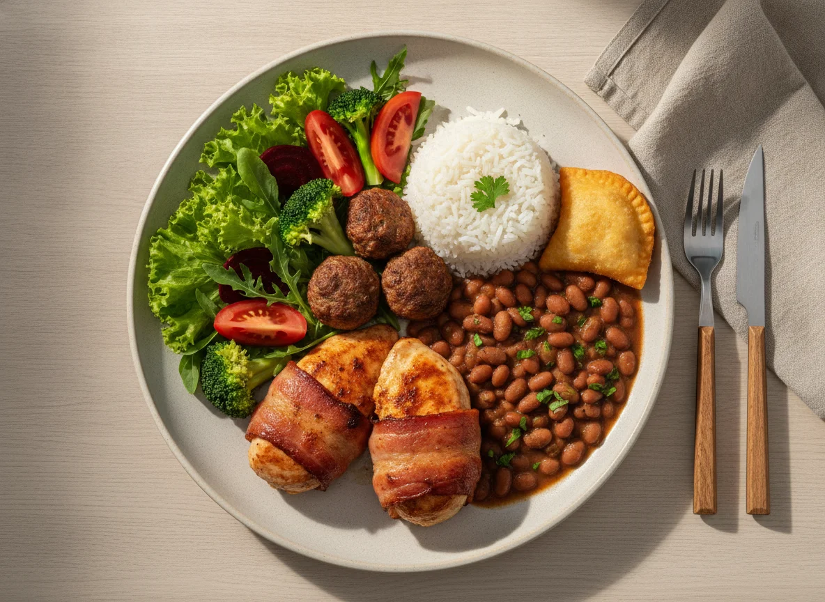 Medalhão de frango com arroz, feijão e salada photo