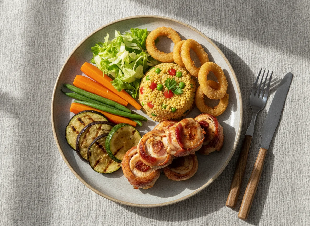 Medalhão de frango com bacon, cuscuz e legumes photo