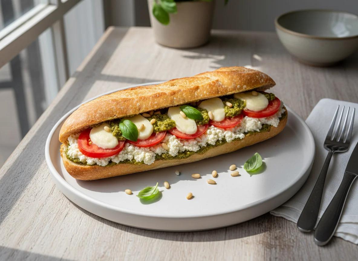 Meia Baguete de Ricota, Pesto, Tomate e Mussarela photo