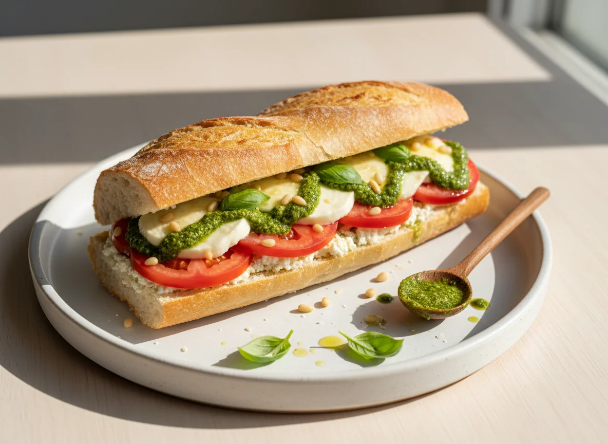 Meia Baguete de Ricota, Tomate, Pesto e Mussarela photo