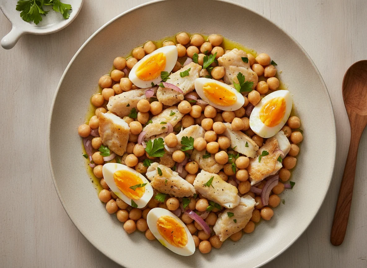Meia-desfeita de bacalhau com grão photo