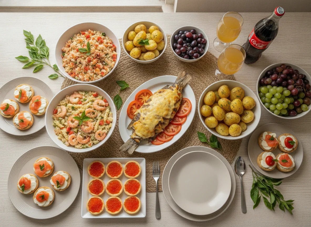 Mesa de jantar festiva com vários pratos photo
