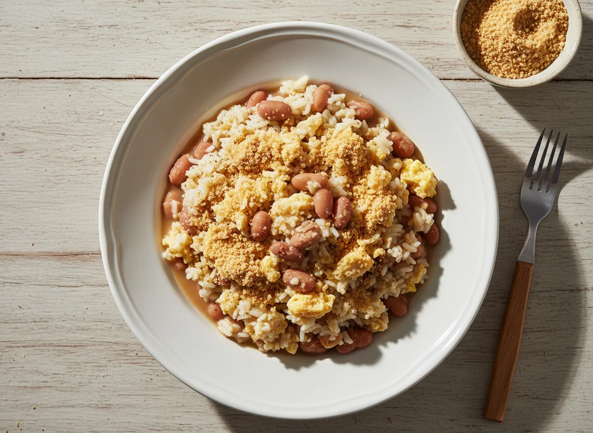 Mexido de arroz com feijão e ovos photo