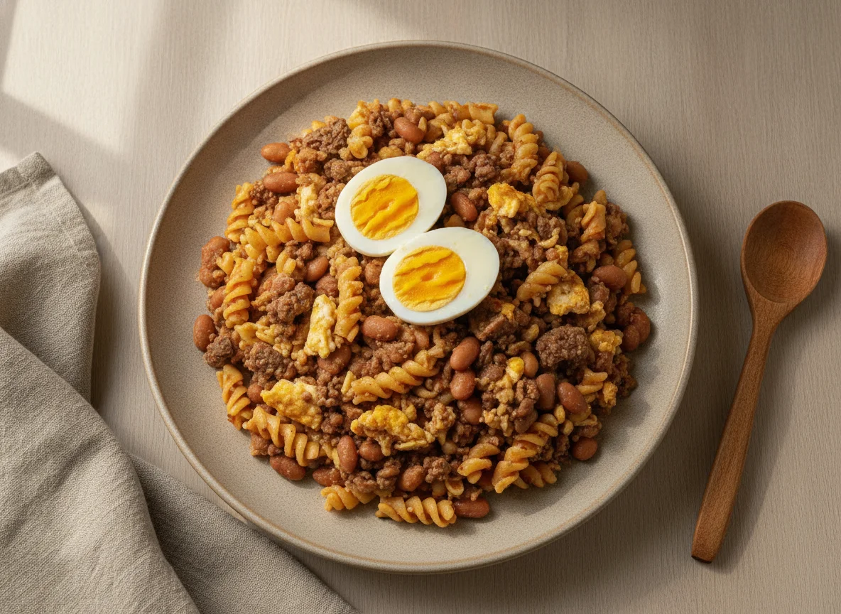Mexido de Arroz, Feijão, Macarrão e Ovo photo