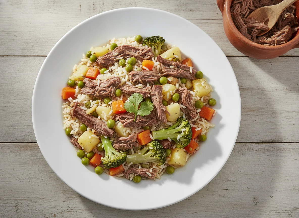 Mexido de legumes com carne e arroz photo