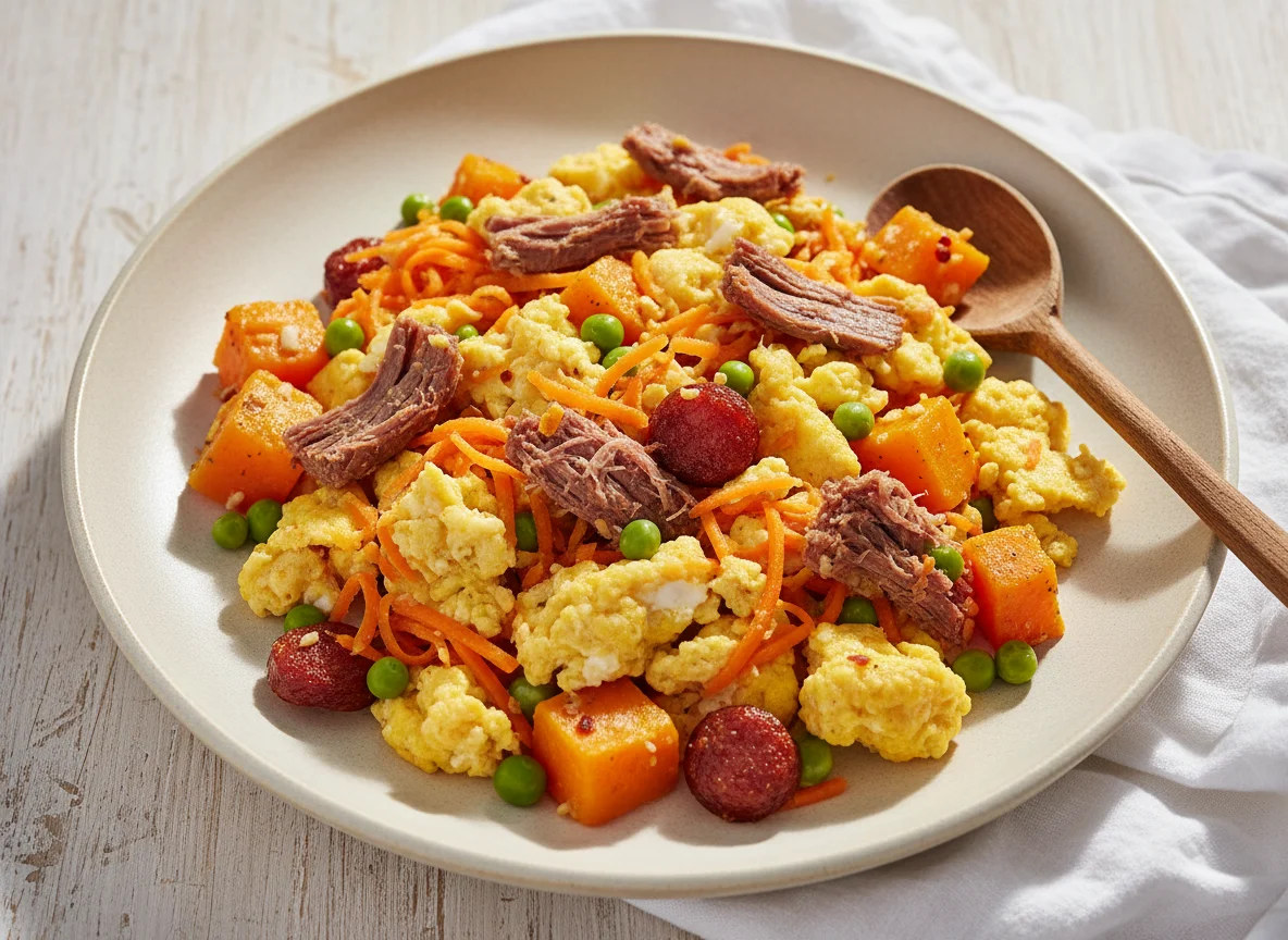 Mexido de ovos com legumes e carne photo
