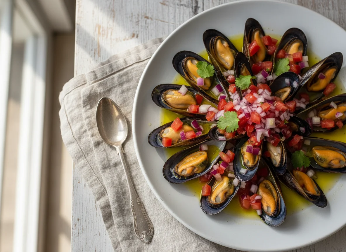 Mexilhões com vinagrete de tomate e cebola photo