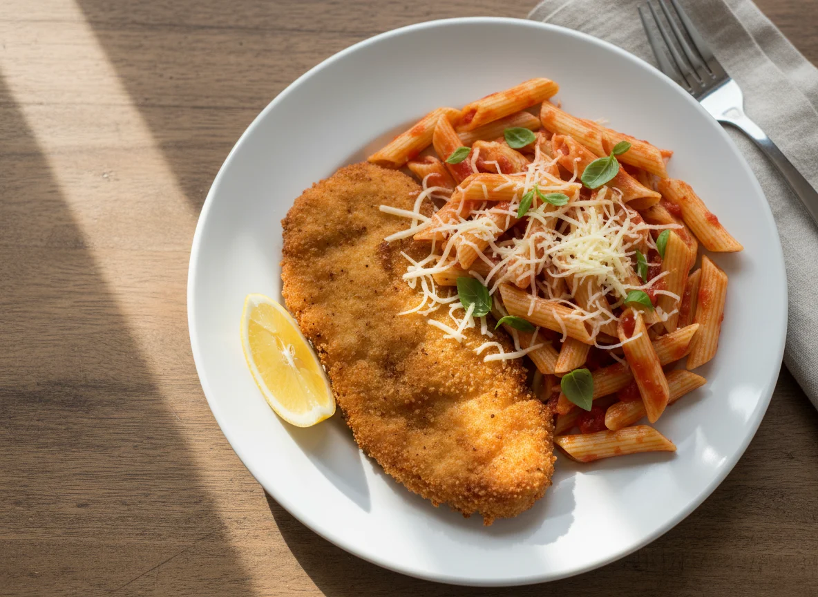 Milanesa com Penne ao Sugo e Queijo photo