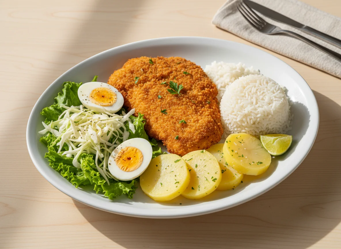 Milanesa de frango com arroz, batata e salada photo