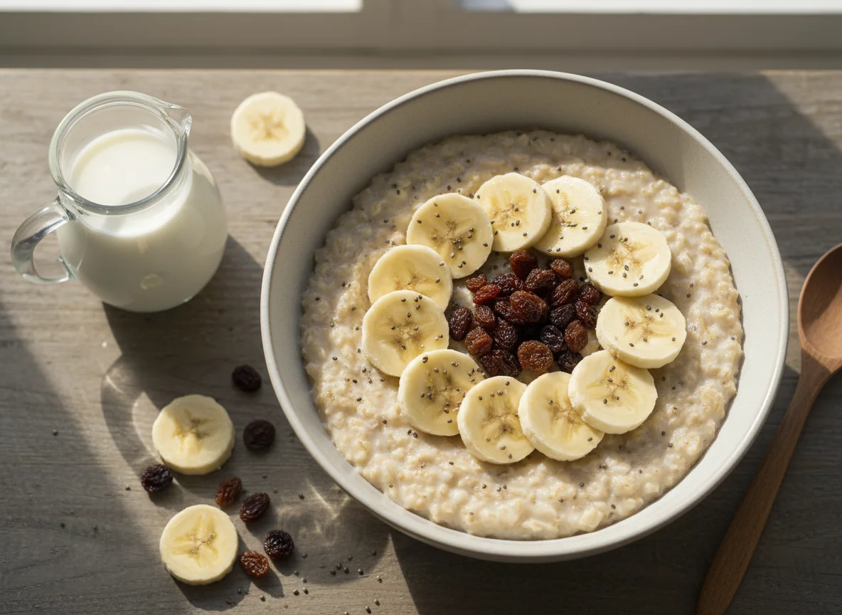 Mingau de aveia com banana, chia e uvas passas photo