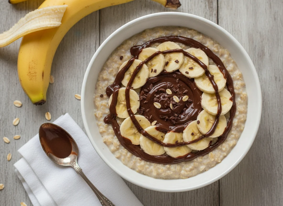 Mingau de aveia com banana e calda de chocolate photo