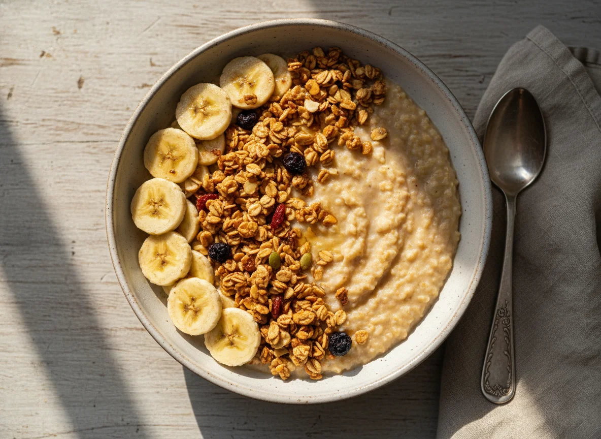 Mingau de aveia com banana e granola photo
