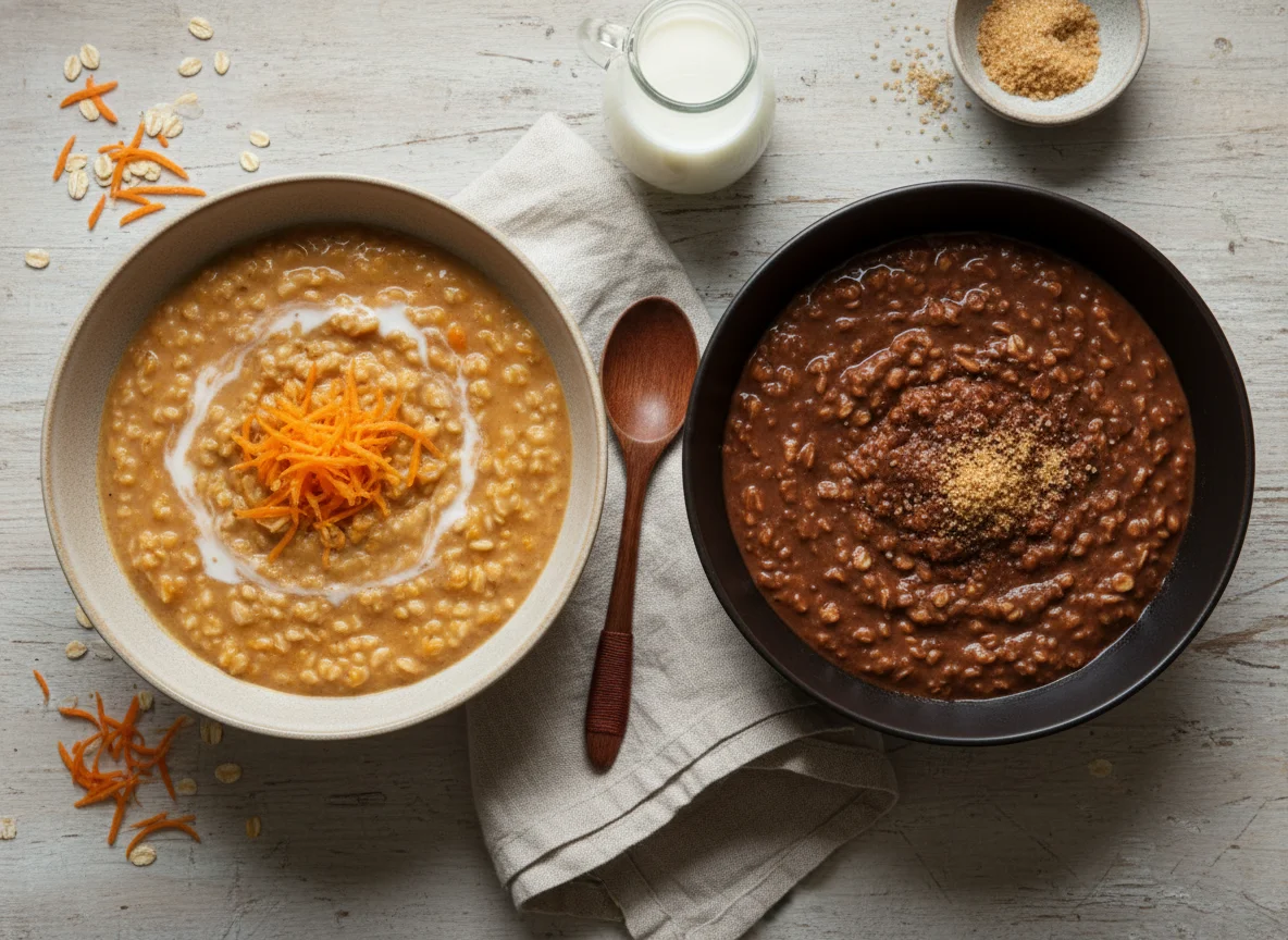 Mingau de aveia com cenoura e mingau de chocolate photo