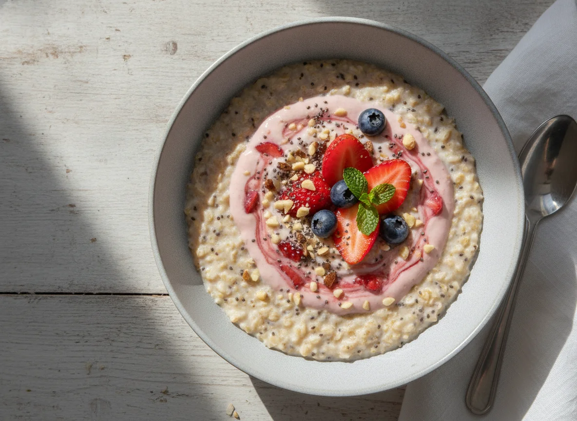 Mingau de aveia com chia e iogurte de frutas photo