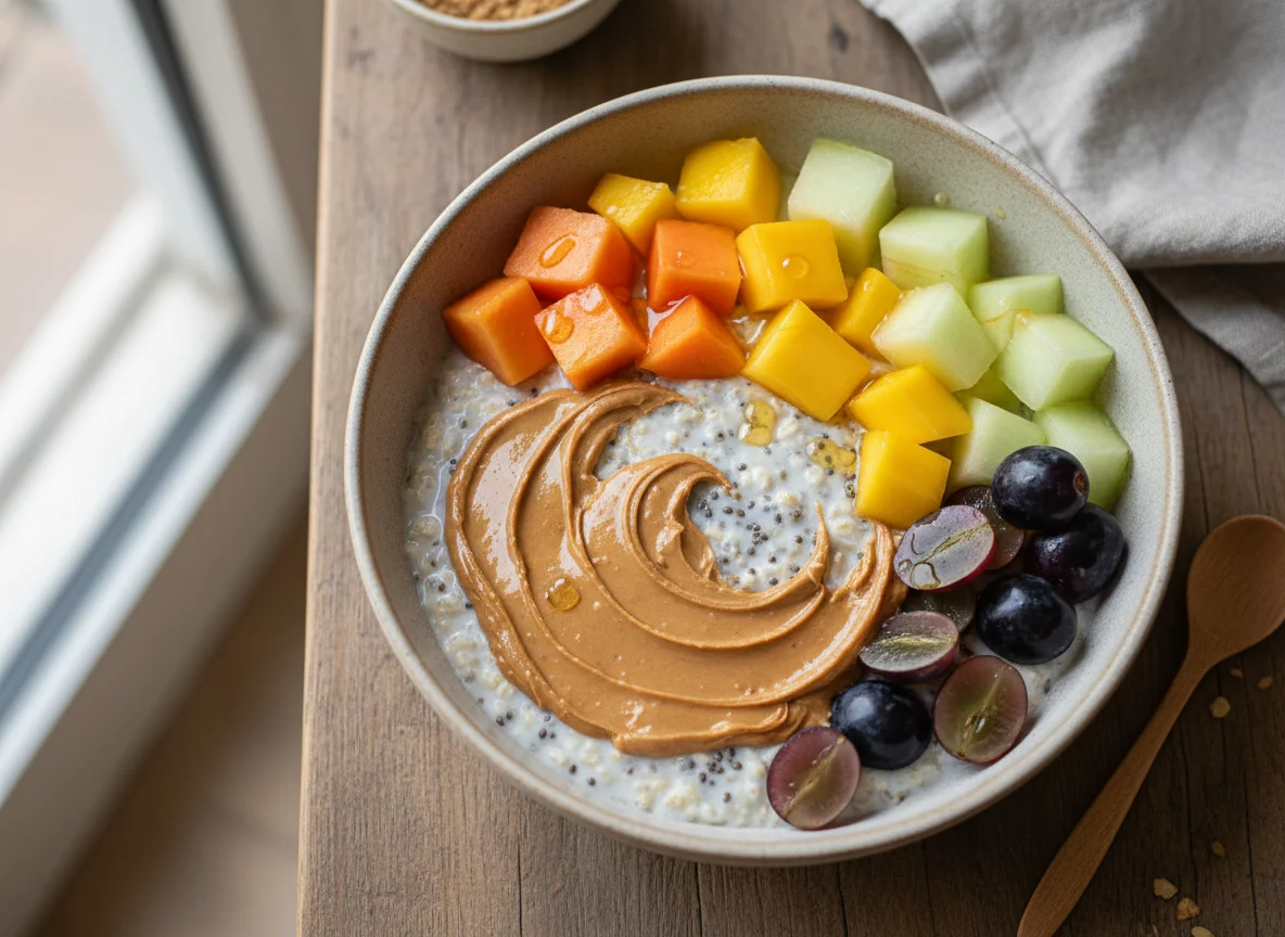 Mingau de aveia com frutas e pasta de amendoim photo