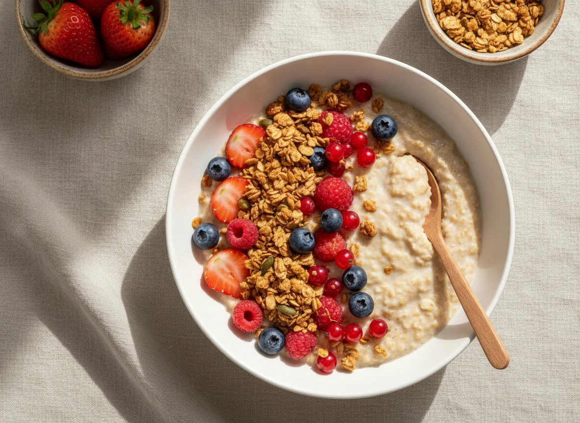 Mingau de aveia com frutas vermelhas e granola photo