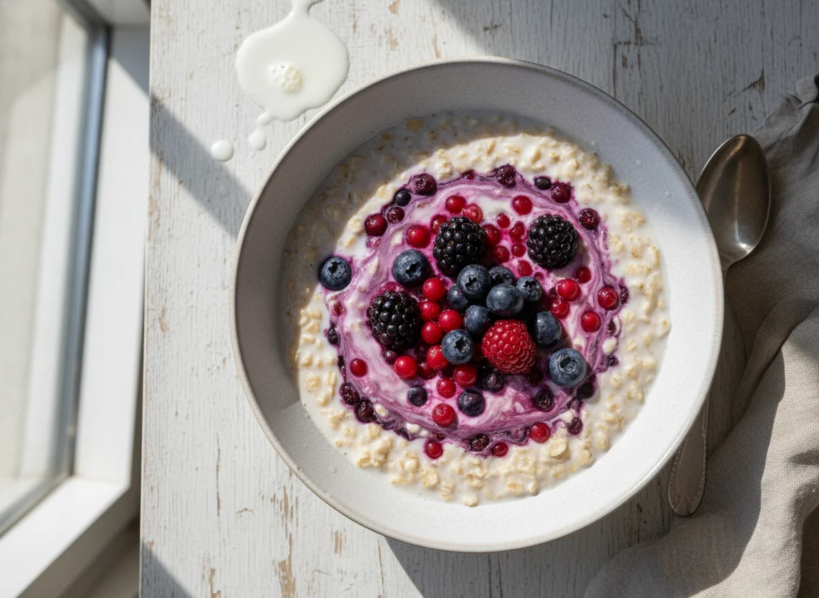 Mingau de aveia com frutas vermelhas e leite photo