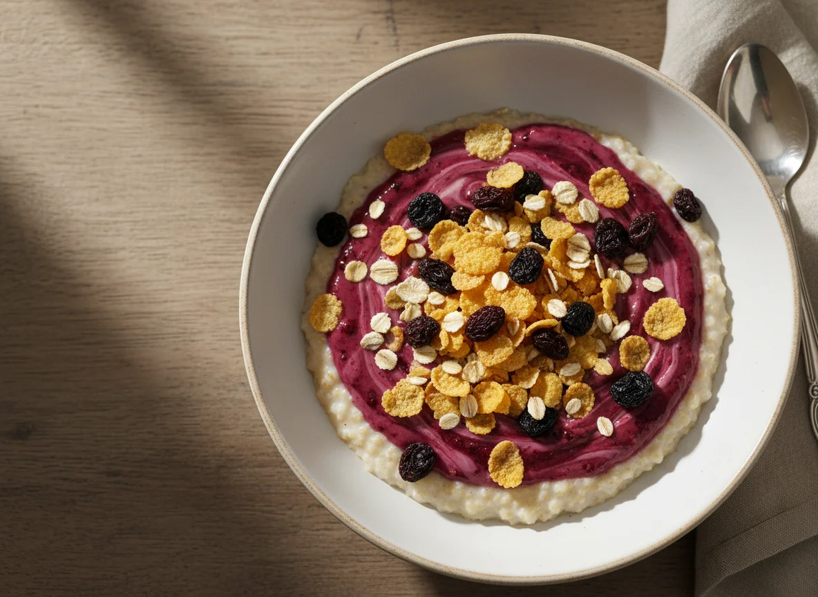Mingau de aveia com iogurte de frutas e cereais photo