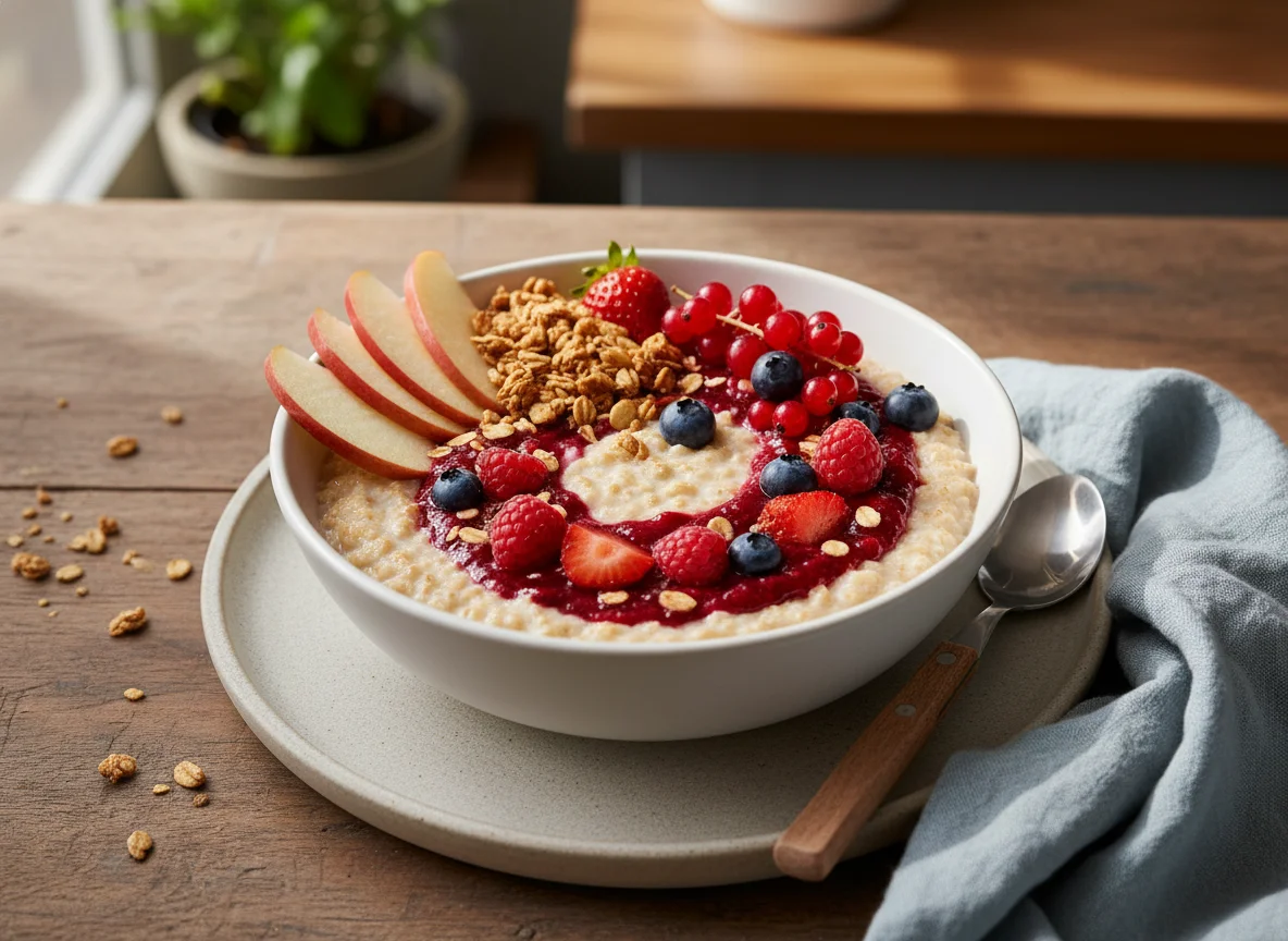 Mingau de aveia com maçã e frutas vermelhas photo