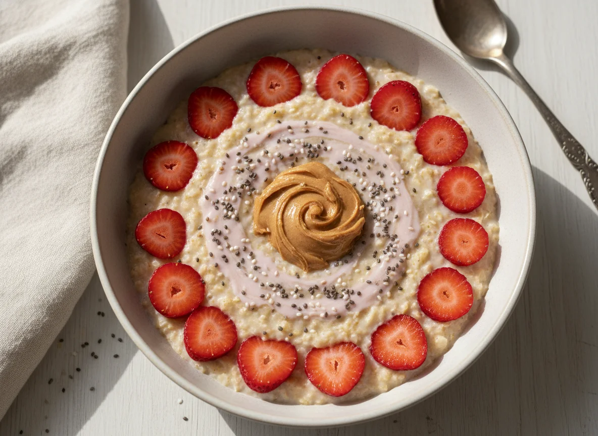 Mingau de aveia com morango, pasta de amendoim e whey protein photo