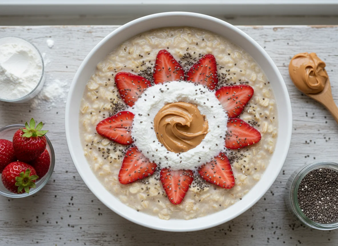 Mingau de aveia com morango, whey e pasta de amendoim photo
