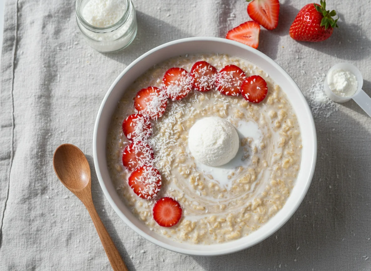 Mingau de aveia com morangos e whey protein photo