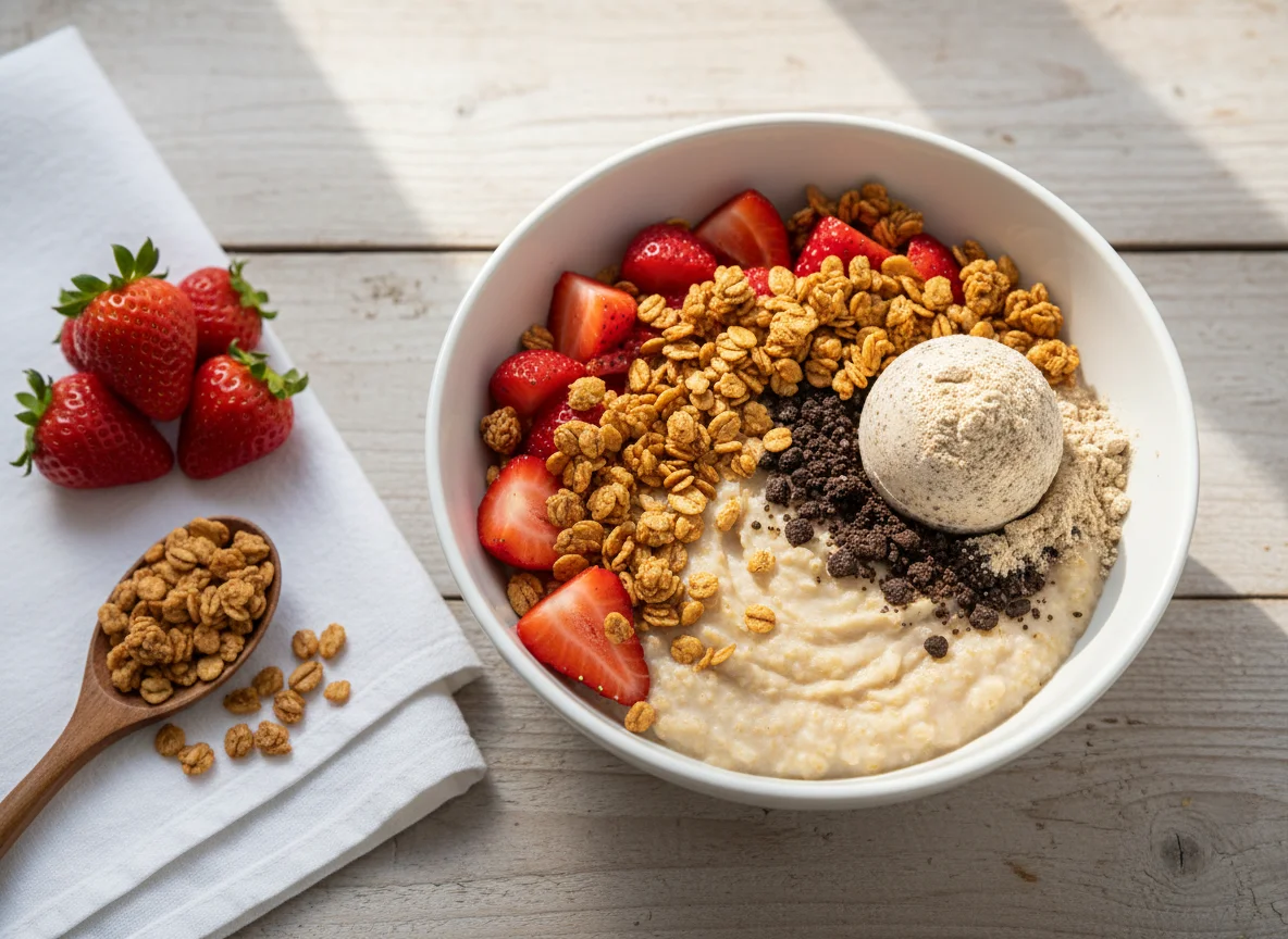 Mingau de Aveia com Morangos, Granola e Whey Protein photo
