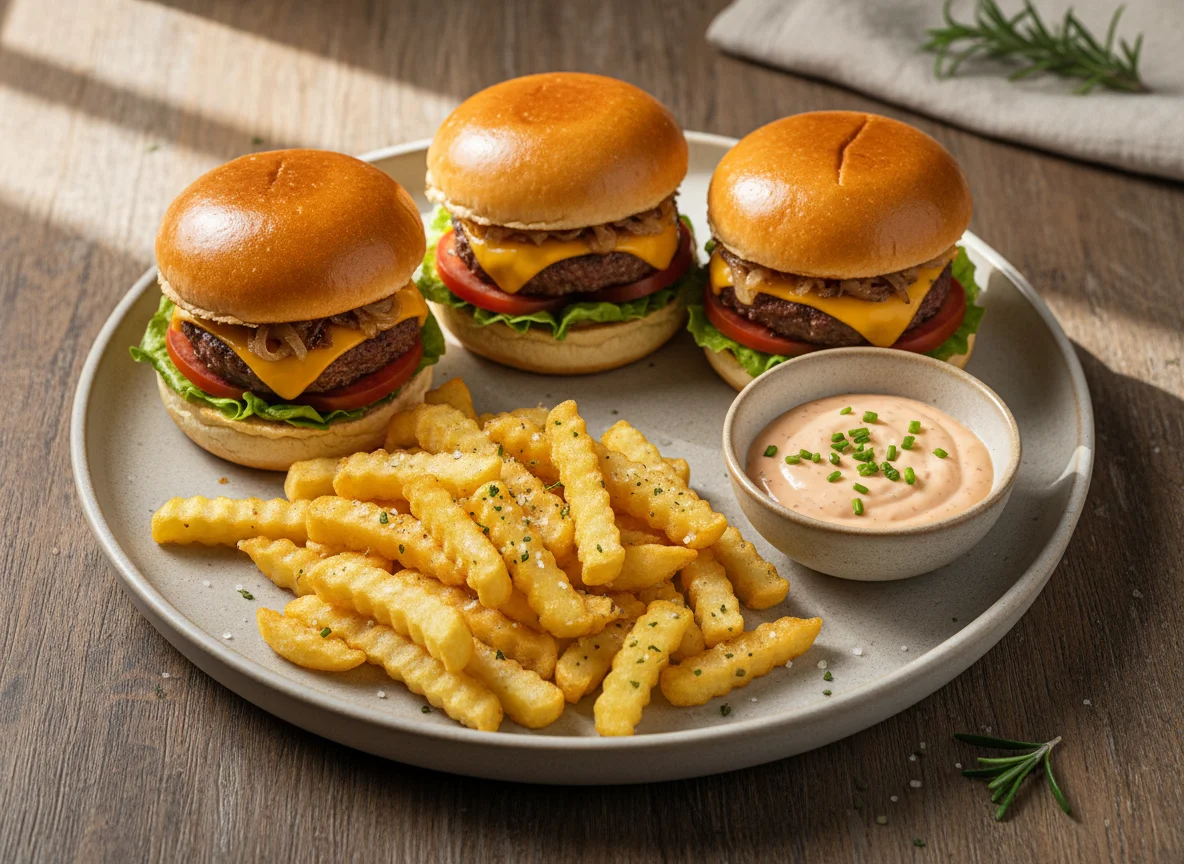 Mini hambúrgueres com batatas fritas e molho photo