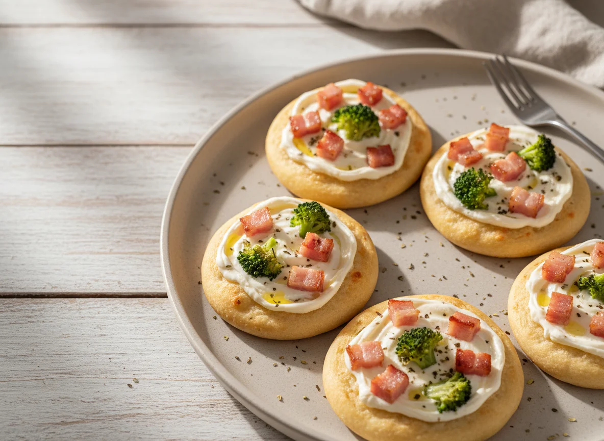 Mini pizza de brócolis e bacon com requeijão photo