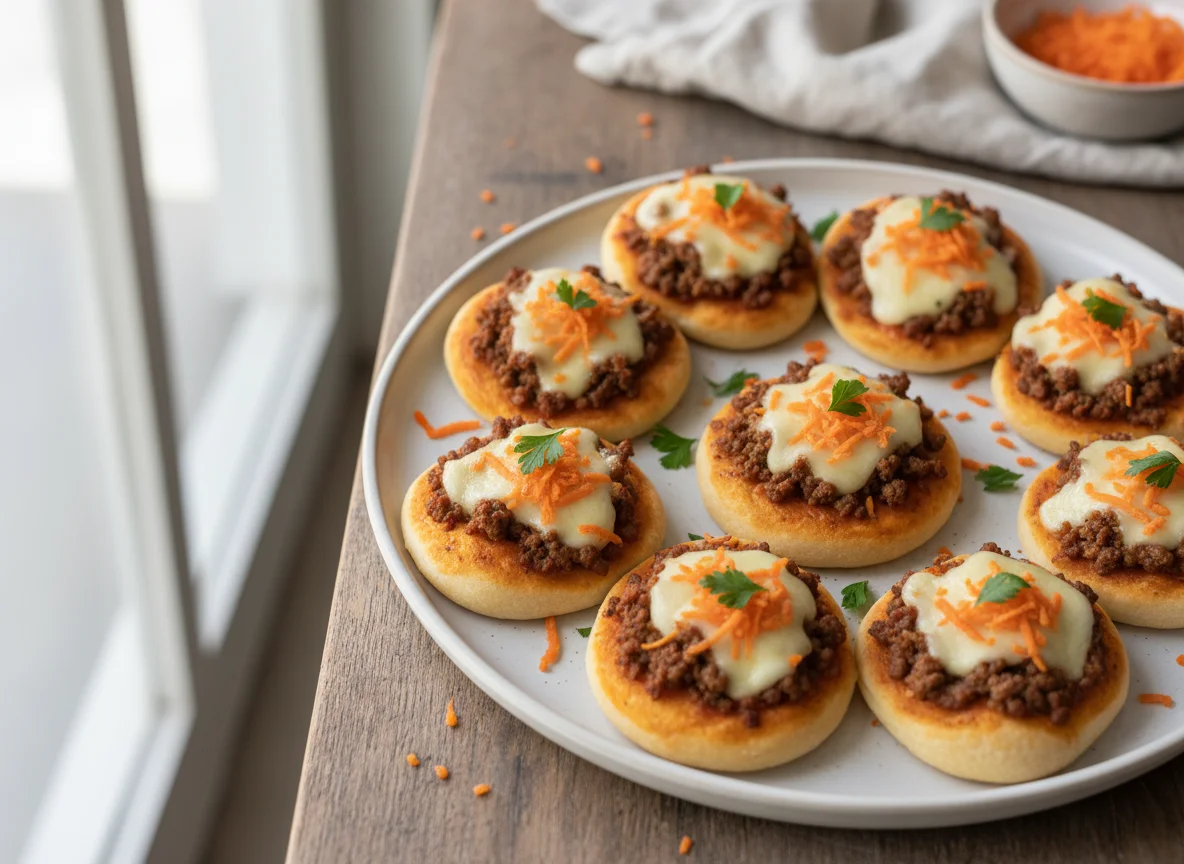 Mini pizza de carne moída com queijo e cenoura photo