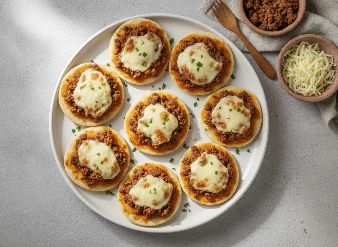 Mini pizza de carne moída com queijo photo