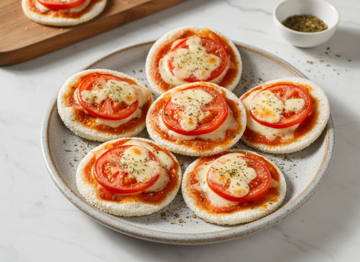 Mini pizza de tapioca com queijo e tomate photo