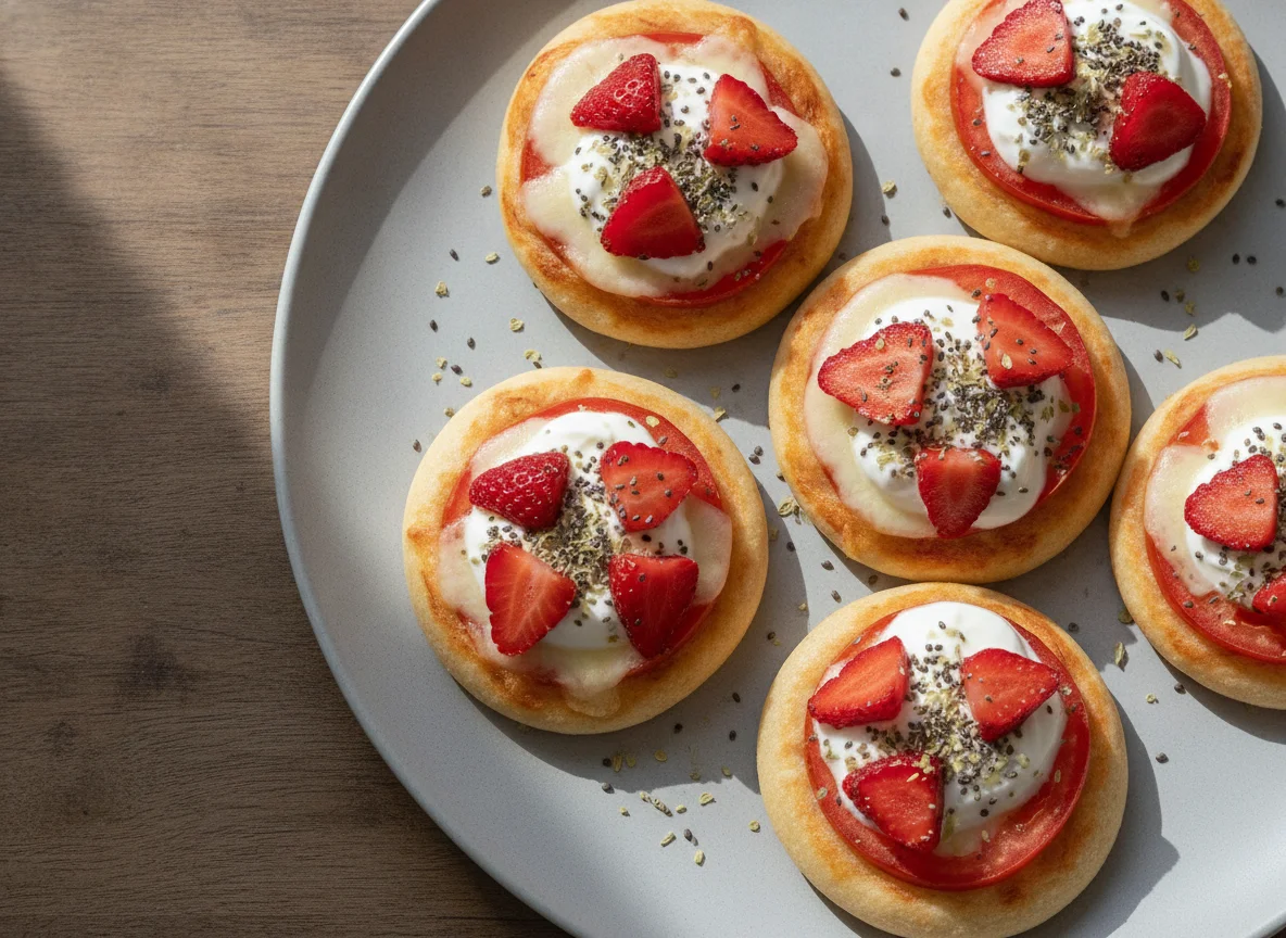 Mini pizza de tomate e iogurte com morango e chia photo