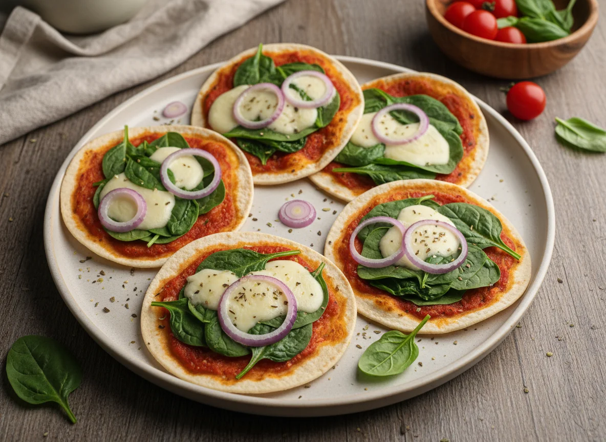 Mini pizza de tortilha com espinafre e cebola roxa photo