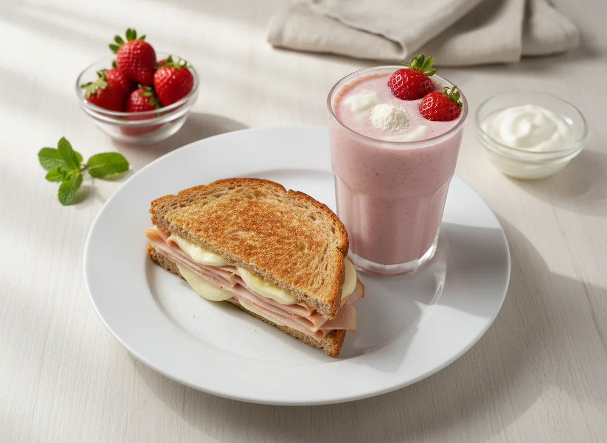 Misto quente e shake de morango com whey e iogurte photo