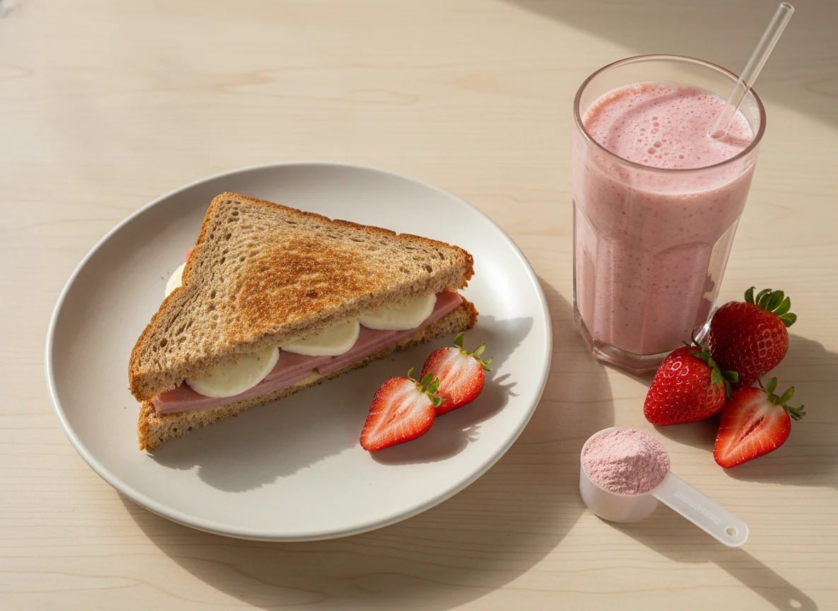 Misto quente e vitamina de morango com iogurte e whey photo