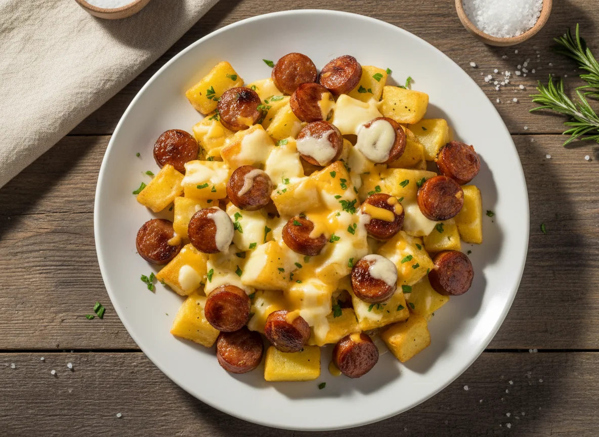 Mistura de Batata e Salsicha com Queijo photo