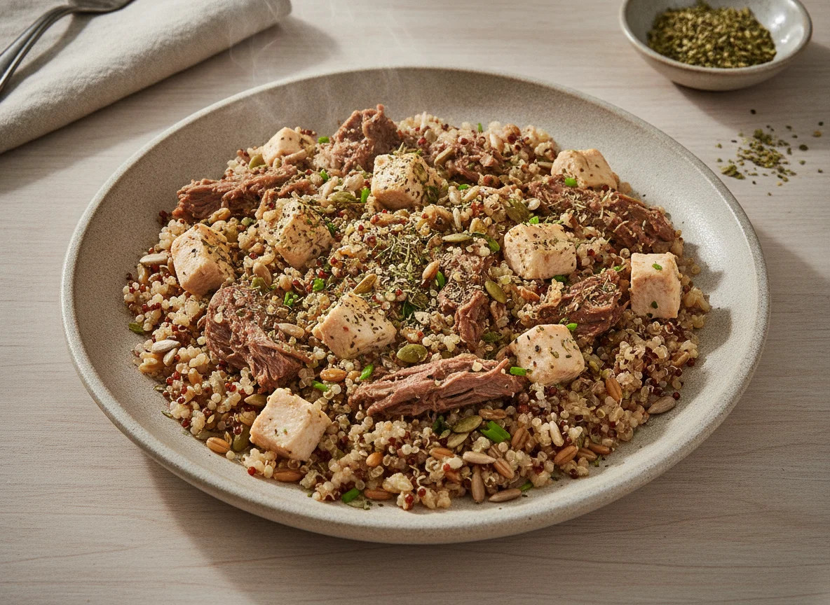 Mistura de grãos com carne e frango photo